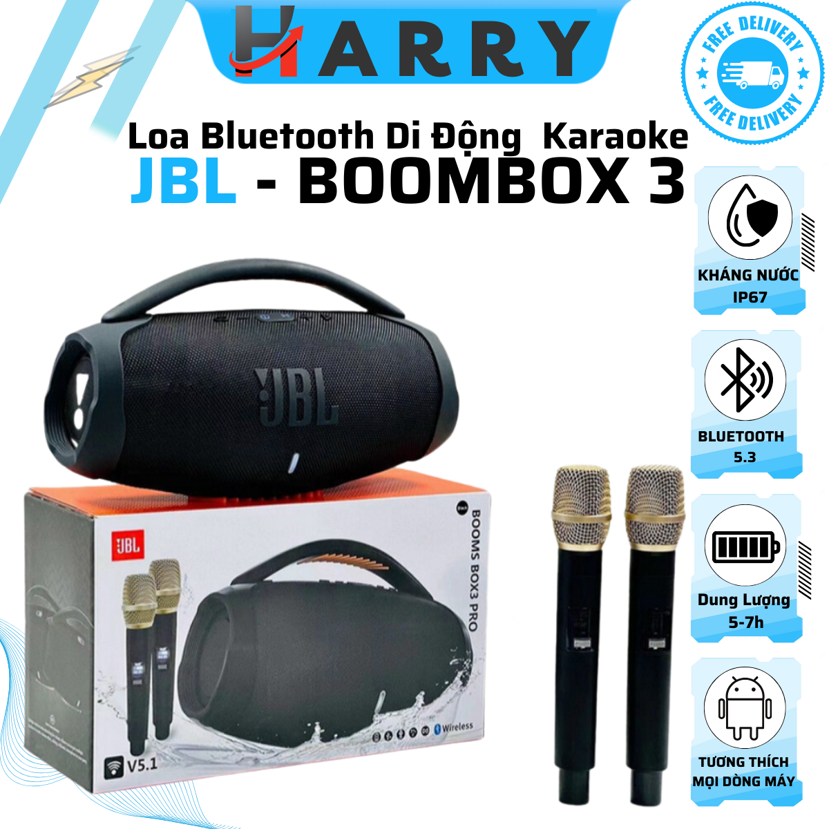 { HCM }Loa Bluetooth JBL karaoke Bombox 3 (100W) MODE 2024, Loa Nghe Nhạc Âm Thanh Siêu Bass Cực Mạnh Chống Nước IPX7 Loa Karaoke Công Suất Cực Lớn Loa Nghe Nhạc Treble - HARRY MALL