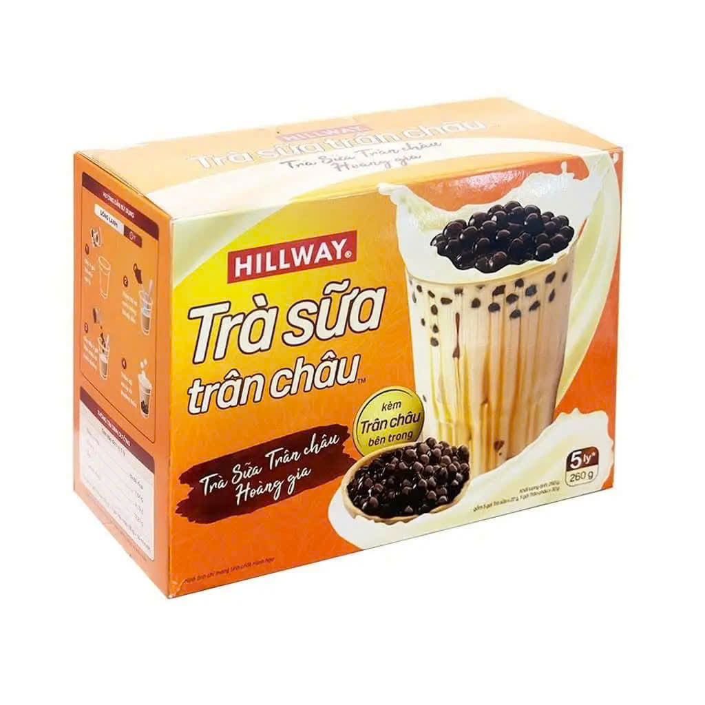 TRÀ SỮA HILLWAY. 1 HỘP GỒM 5 GÓI TRÀ SỮA VÀ 5 GÓI TRÂN CHÂU. 260G 1 HỘP. DATE LUN MỚI.