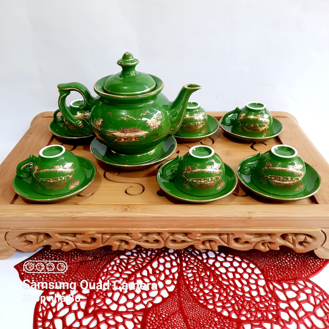 Bộ ấm chén Bát Tràng phú quý men xanh lục ngọc bảo họa tiết làng quê  vẽ vàng 24k 