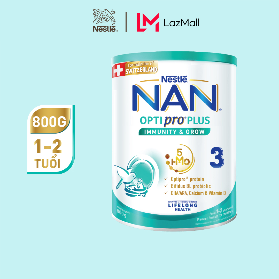 Sữa bột Nestlé NAN OPTIPRO PLUS 3 800g/lon với 5HMO - Hỗ trợ Tiêu Hóa, Đề Kháng, Trí Não & Chiều Cao