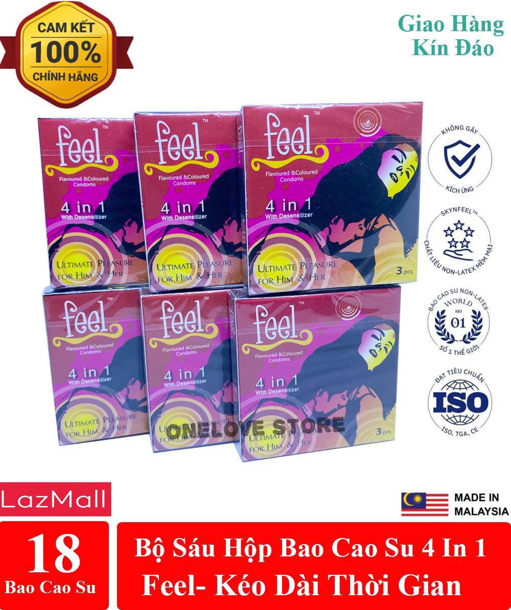 Bộ 6 hộp Bao cao su Feel 4 in 1 giúp kéo dài thời gian - hương dâu dịu ngọt (18c)