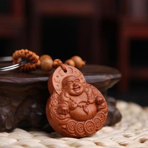 Móc khóa gỗ thủ công khắc hình phật di lặc may mắn tài lộc