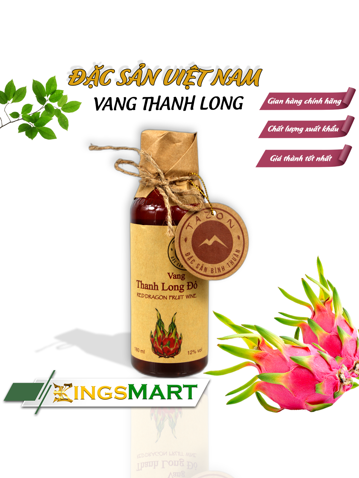 Vang thanh long đỏ - thương hiệu tazon hàm đức - đặc sản bình thuận - chai 180ml - kingsmart