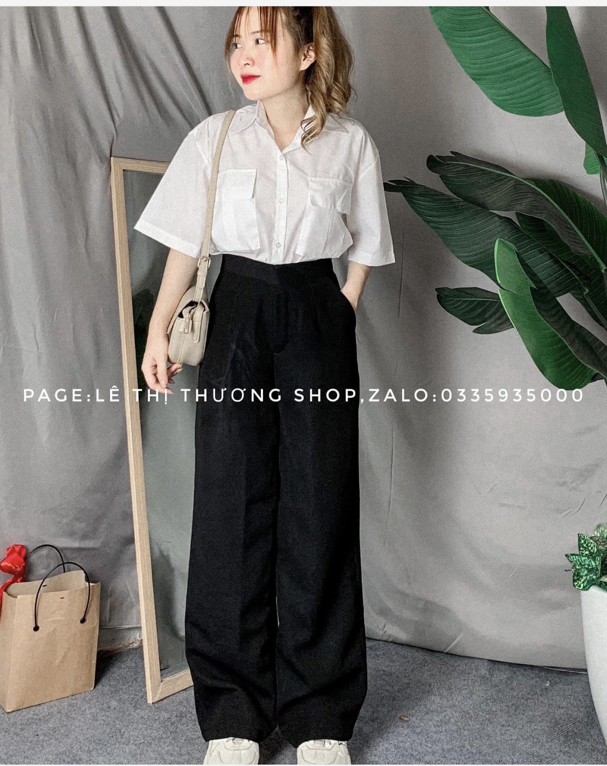 Set quần suông + sơ mi tay lỡ kate túi hộp