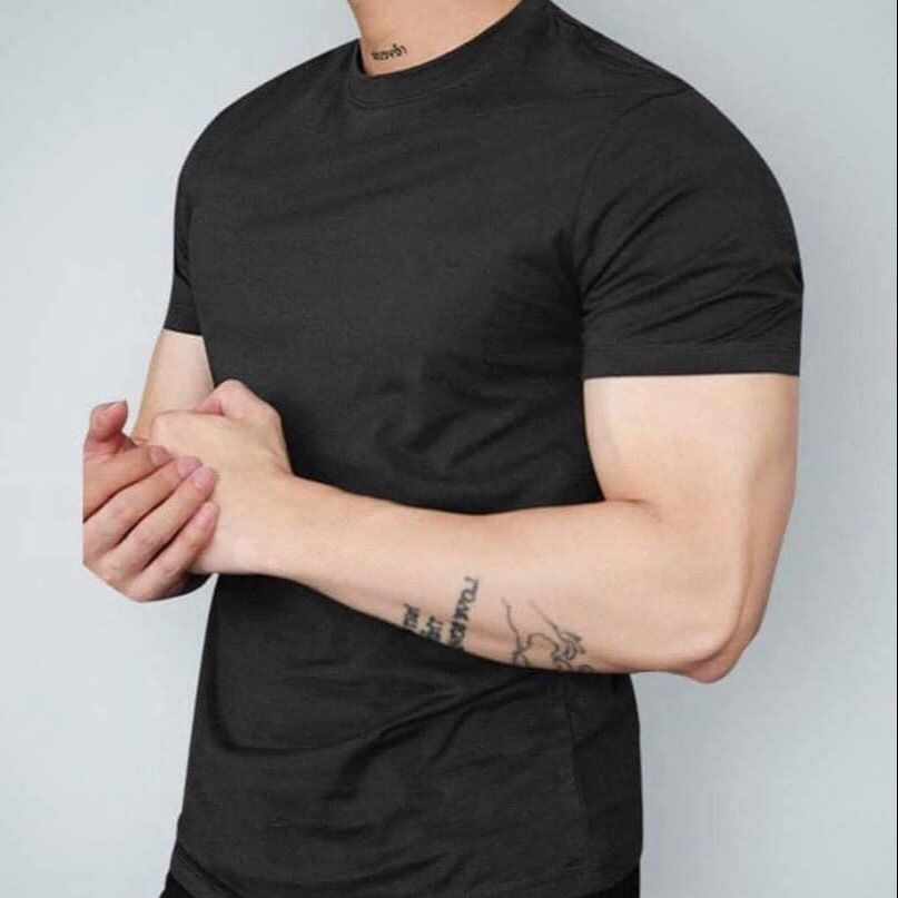 Round Neck T-Shirt for Men and Women in Many Colors, Plain Style, Short Sleeves, Thick Stretchy Cotton Fabric T-Shirt Model, Body-Hugging Form - 2