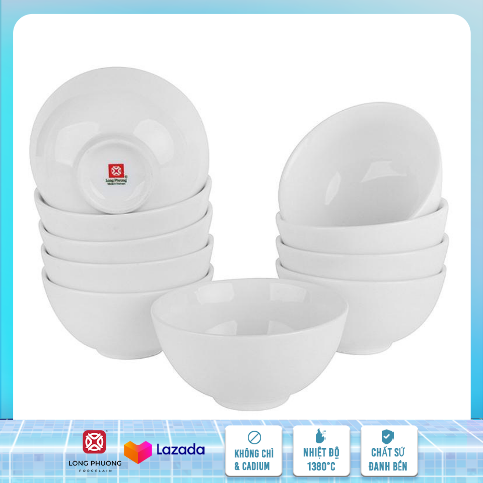 Bộ 10 bát cơm 4.4 inch - Bát tô ăn cơm, bát cơm, bát nhỏ hàng hộp sứ Long Phương