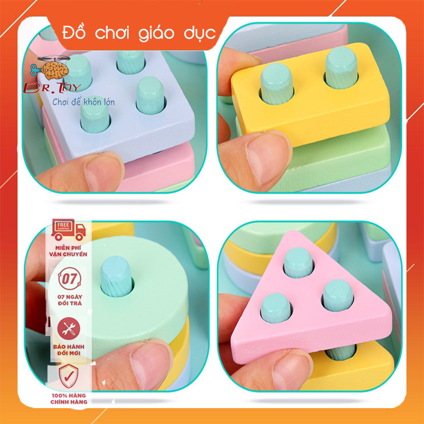 Đồ chơi giáo dục, đồ chơi cho bé 1 tuổi, bộ gỗ xếp hình khối Montessori giúp bé phát triển tư duy, nhận biết hình học và màu sắc DrTOY