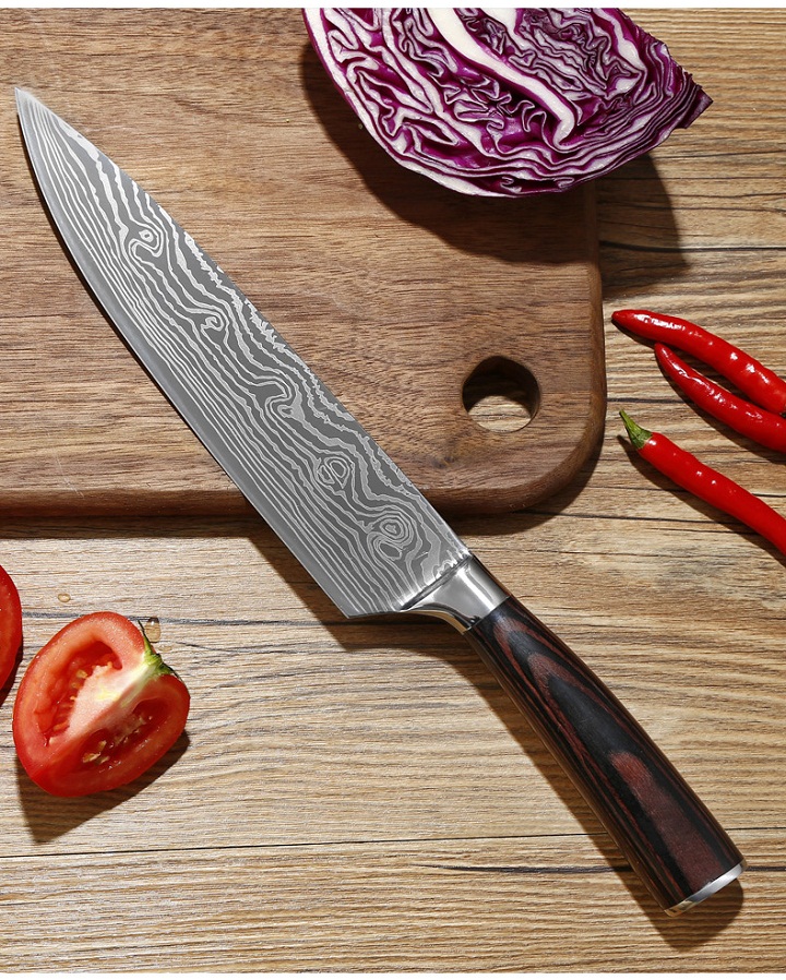 Dao thái vân thép Damascus đầu nhọn, vuông siêu sắc dài 33cm