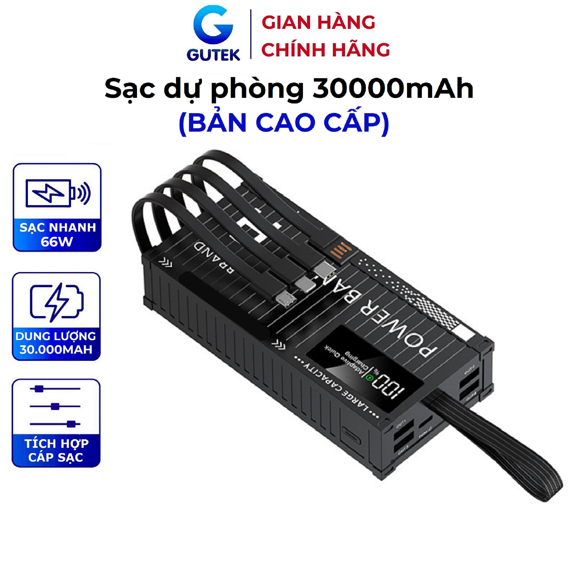 Sạc dự phòng 30000mah sạc nhanh dung lượng pin lớn có kèm dây cáp cho nhiều điện thoại - Gutek DX72