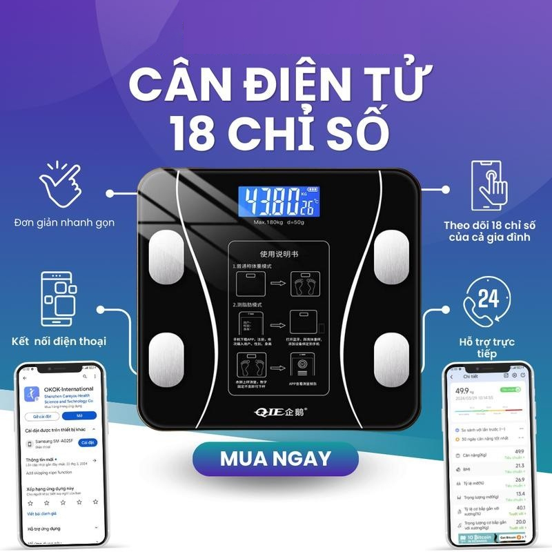 Cân Điện Tử sức khoẻ, Kết Nối Bluetooth Phân Tích 18 Chỉ Số Cơ Thể chính xác cao tiện lợi cho gia đì