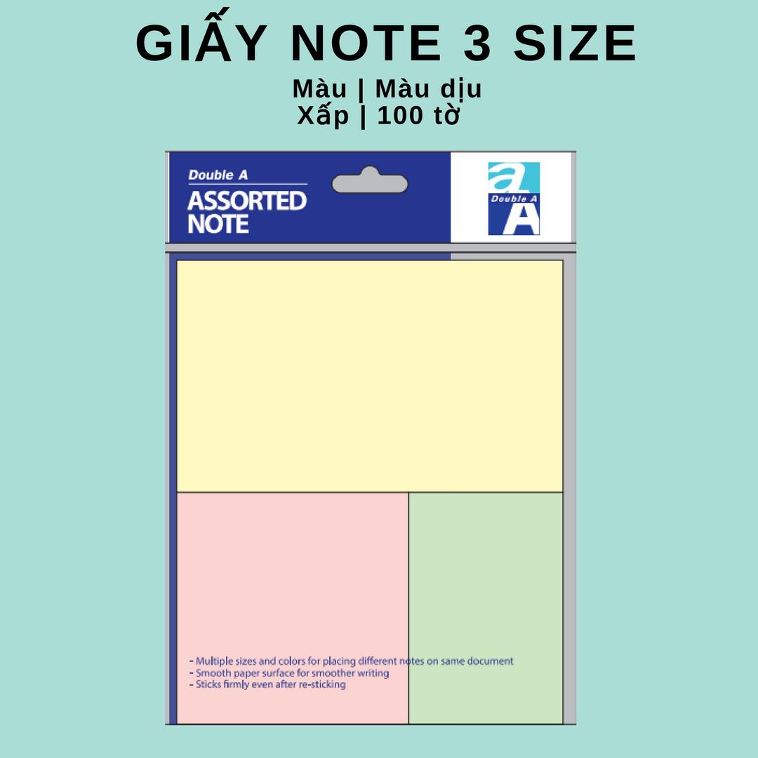 Giấy ghi chú 3 xấp màu nhẹ, giấy note, sticker note có keo dính, giấy ghi nhớ, sổ ghi chú, sản phẩm của double a , 150 tờ/gói. giấy note doublea 3 màu lợt an-32324-en