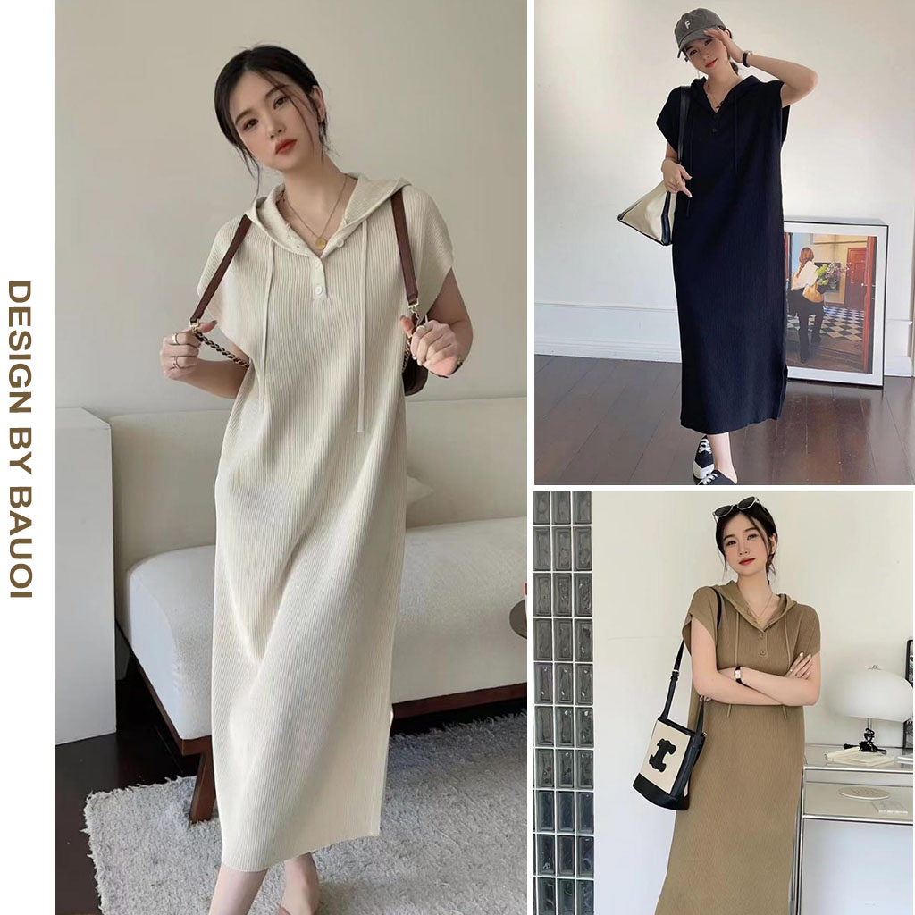 Đầm váy bầu suông mũ chất cotton tăm mặc đi làm đi chơi đều xinh - đầm bầu đẹp hàng thiết kế freesize