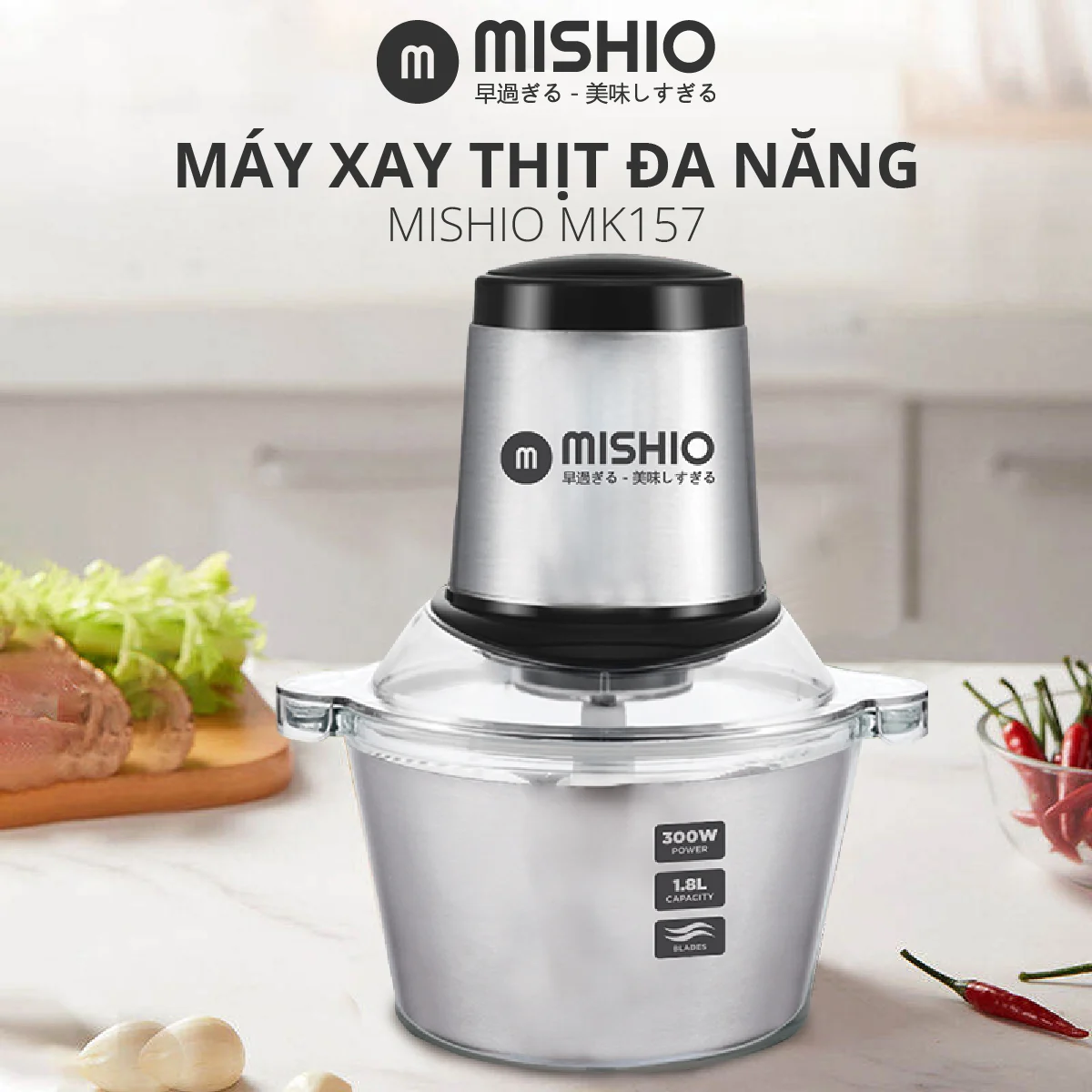 Máy xay thịt đa năng cối inox Mishio MK157 1.8L 300W - thân inox không gỉ, thiết kế nhỏ gọn, tiện lợi, với gam màu bạc sang trọng, hiện đại