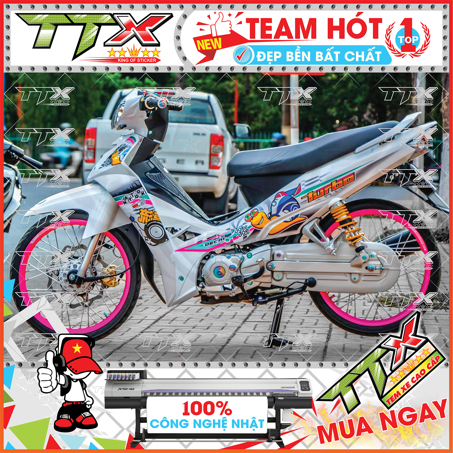 Tem rời sirius turbo , Team chế sirius dán xe màu trắng hồng bạc đen tuyệt đẹp , Shop TTX Tem xe sirius