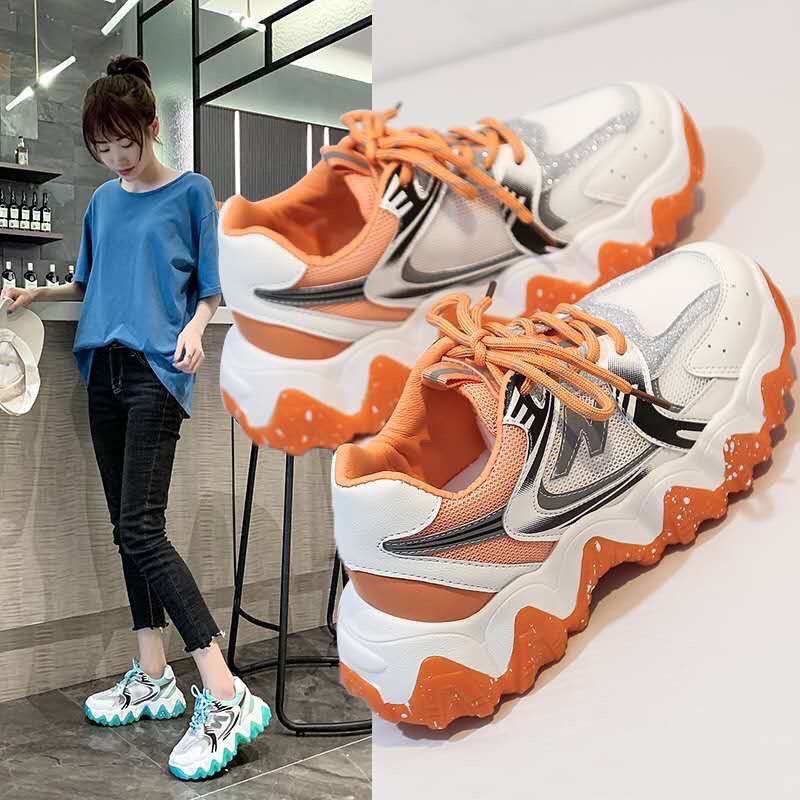 Giày thể thao nữ độn đế dây kép vấy sơn, giày sneaker nữ lưới đế màu hot hè 2020