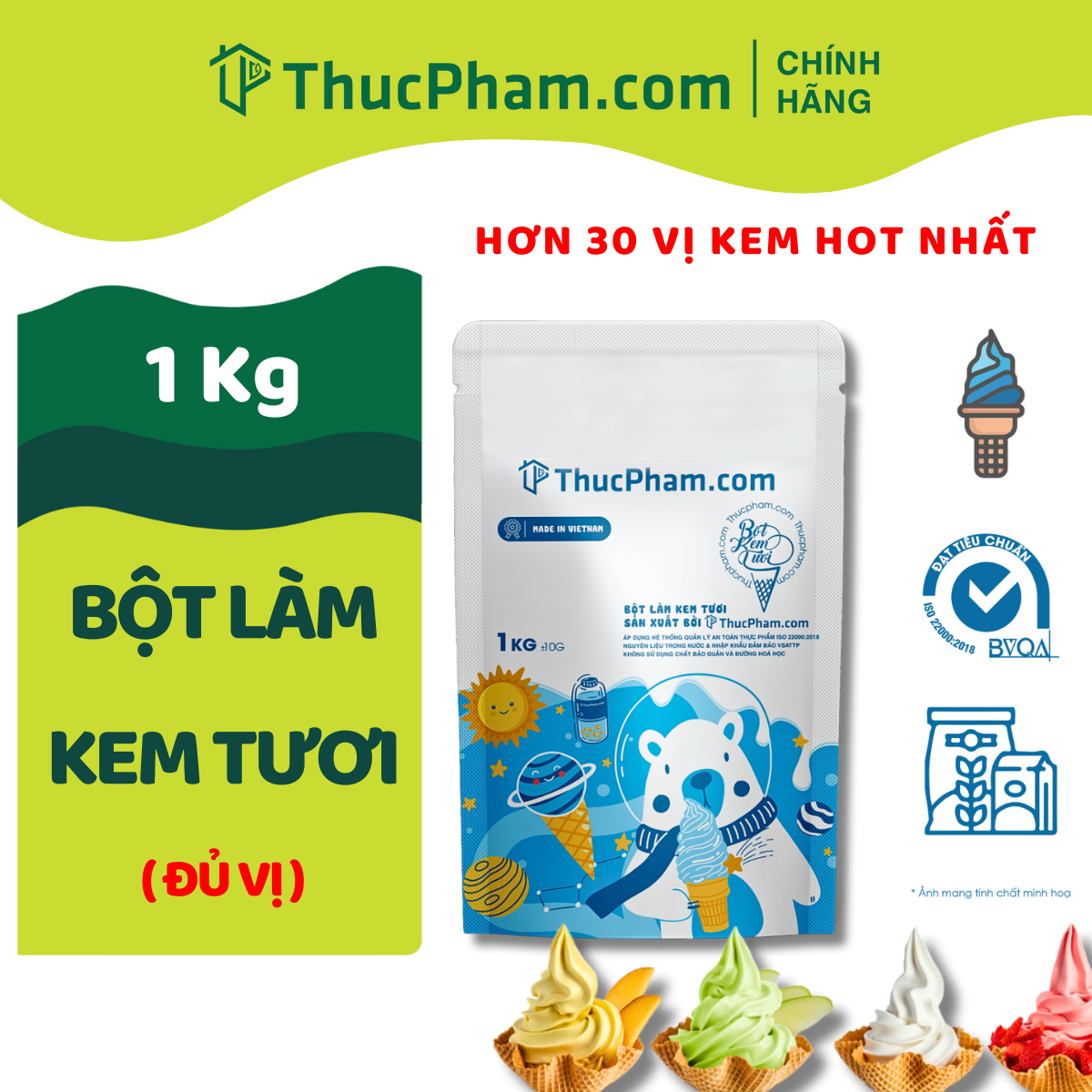 Bột Làm Kem Tươi THUCPHAM.COM Đủ Vị - Túi 1kg - Hương Vị Tự Nhiên, Không Gắt, Không Hắc