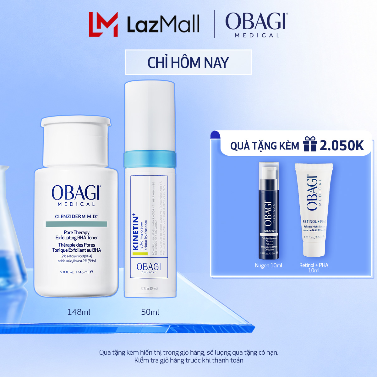 Bộ đôi dưỡng da Toner BHA làm sạch mụn và tẩy tế bào chết Obagi Medical Clenziderm M.D 148ml và Kem Dưỡng Phục Hồi Làm Dịu Da Obagi Clinical Kinetin+ Hydrating 50ml