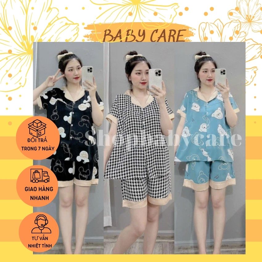 Bộ bầu mặc nhà pijama m274 cổ sen có khóa ti quần đùi, bộ đùi bầu mùa hè cổ pha lụa thoáng mát