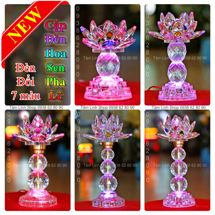 Cặp 2 cây đèn thờ hoa sen pha lê đèn led đổi 7 màu sang trọng có nhiều size