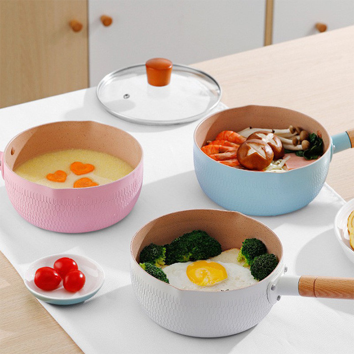 Chảo chống dính đáy sâu dùng được mọi loại bếp - chảo đáy lòng sâu có tay cầm cán gỗ chống bỏng màu pastel lúa mạch
