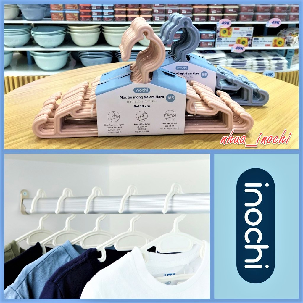 [SET 10 CÁI] Móc quần áo trẻ em Hara 185 Inochi nhựa cao cấp Nhật - mắc quần áo cho bé