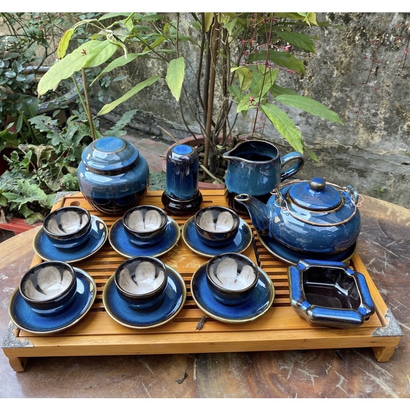 Bộ ấm trà, men hoả biến lòng hoa nghệ nhân làng cổ Bát tràng ấm chén cao cấp hiện đại sang trọng