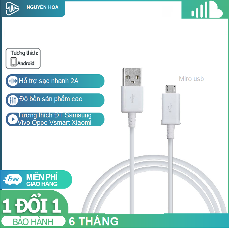 Dây sạc nhanh Samsung Oppo Huawei Xiaomi 2A dài 1.1m Micro Usb đầu nhỏ Dây sạc nhanh Type C 3.0 đầu to hỗ trợ sạc cho điện thoại Xiaomi Oppo Vsmart GL Vivo (Trắng)