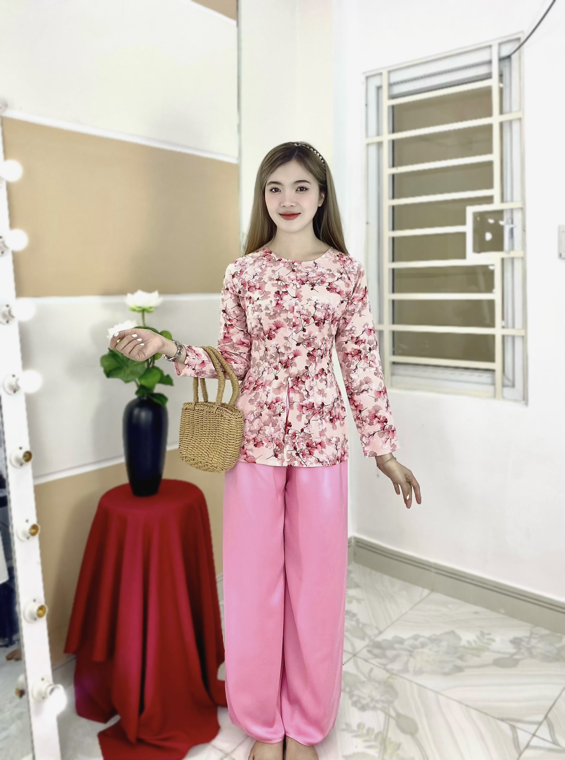 Nguyên bộ bà ba hoa tay dài lụa mango l01