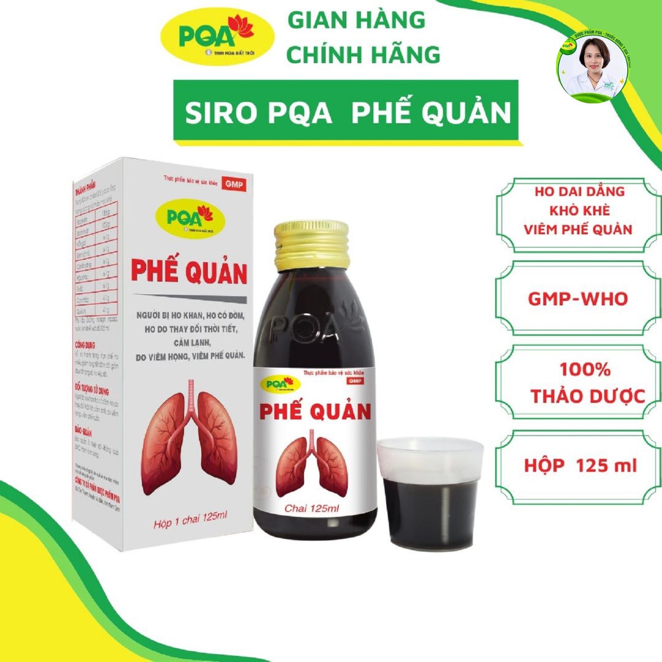 Siro pqa phế quản hộp 125ml có công dụng bổ phổi, ích phế, hỗ trợ giảm ho, hen phế quản.