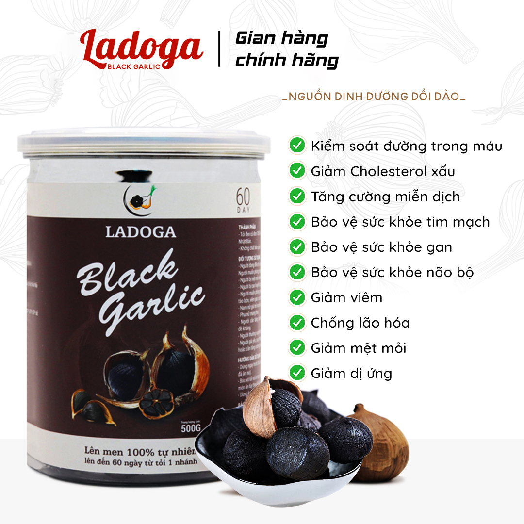 Tỏi đen bóc vỏ Ladoga hộp 500g, tỏi cô đơn lên men tự nhiên theo công nghệ Nhật Bản.