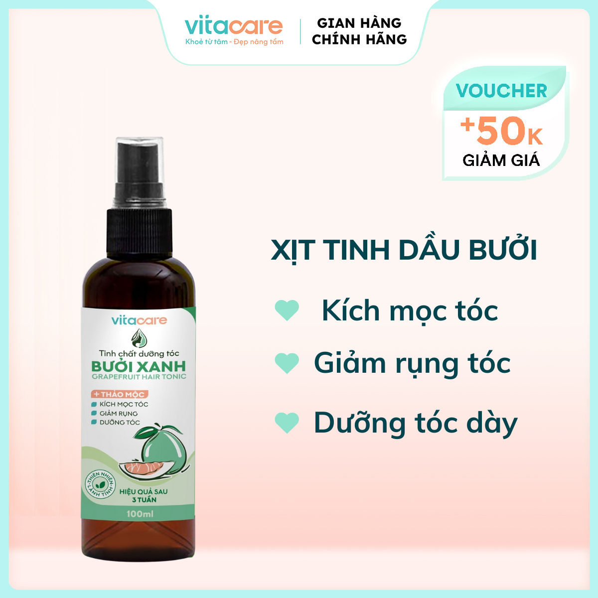 Xịt mọc tóc tinh dầu bưởi Vitacare - Xịt bưởi kích mọc tóc nhanh, giảm rụng tóc, dưỡng tóc chắc khoẻ