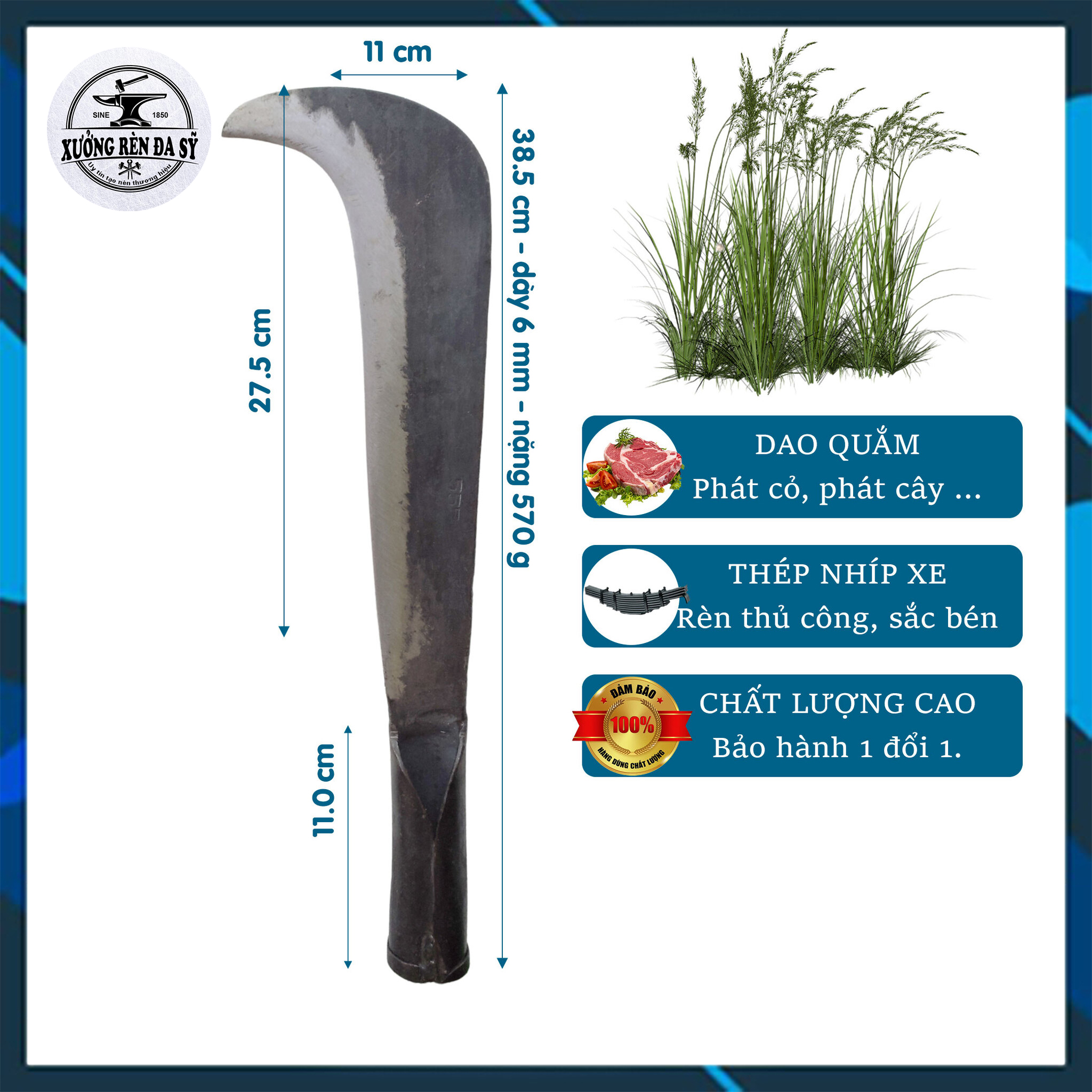 Dao phát cỏ, phát cây loại tốt, dao đa sỹ rèn từ thép nhíp xe siêu bền, cán gỗ chắc chắn