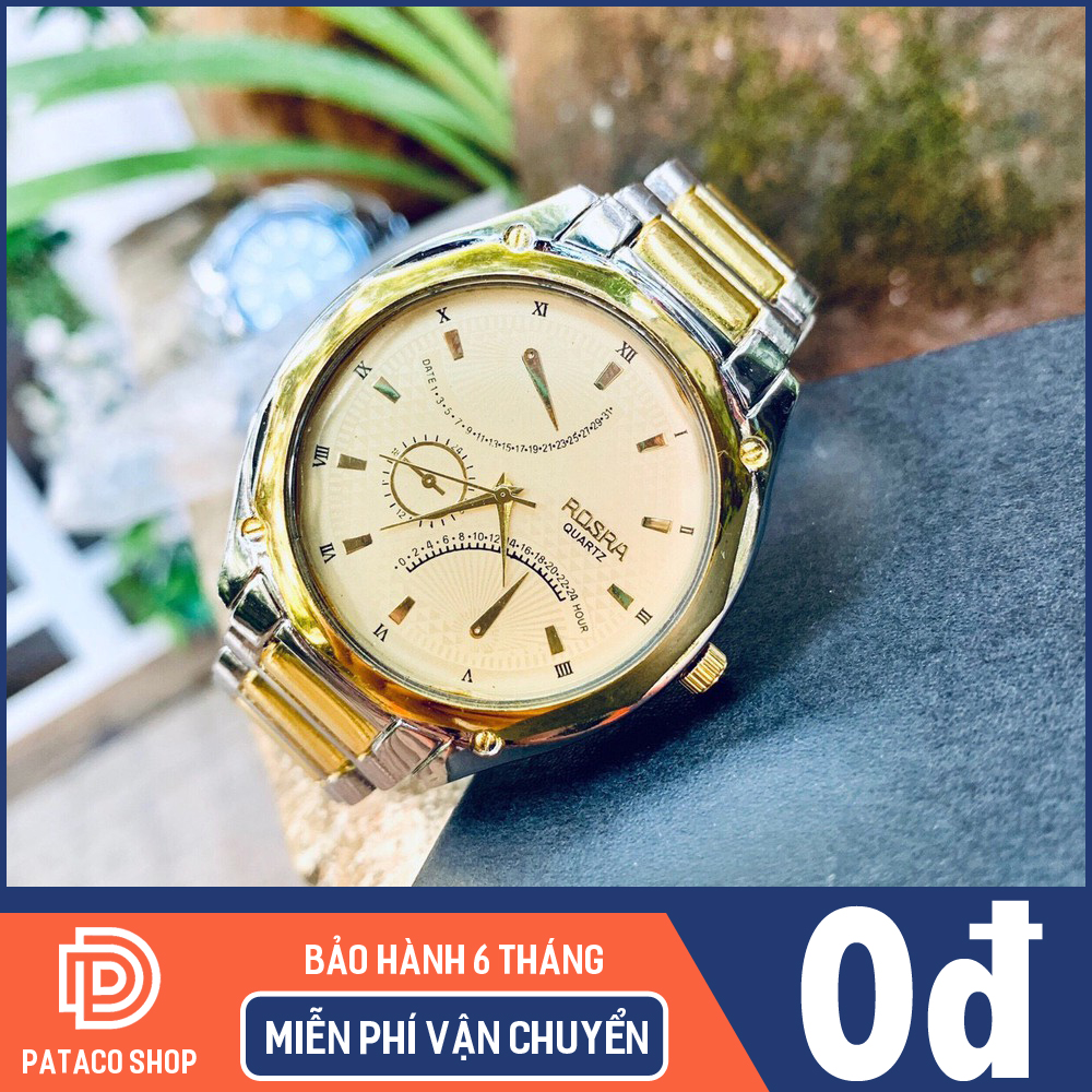 Đồng hồ nam thời trang Rosra R111 dây kim loại cao cấp, mặt vàng sang trọng phong cách doanh nhân, 6 tháng bảo hành