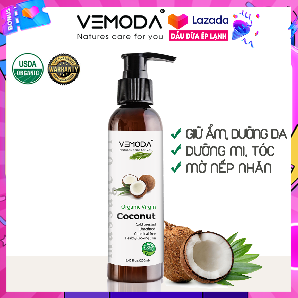 Dầu dừa ép lạnh massage body Vemoda - Spa | 250ml | Mát-xa thư giãn cơ thể, chăm sóc da, dưỡng ẩm