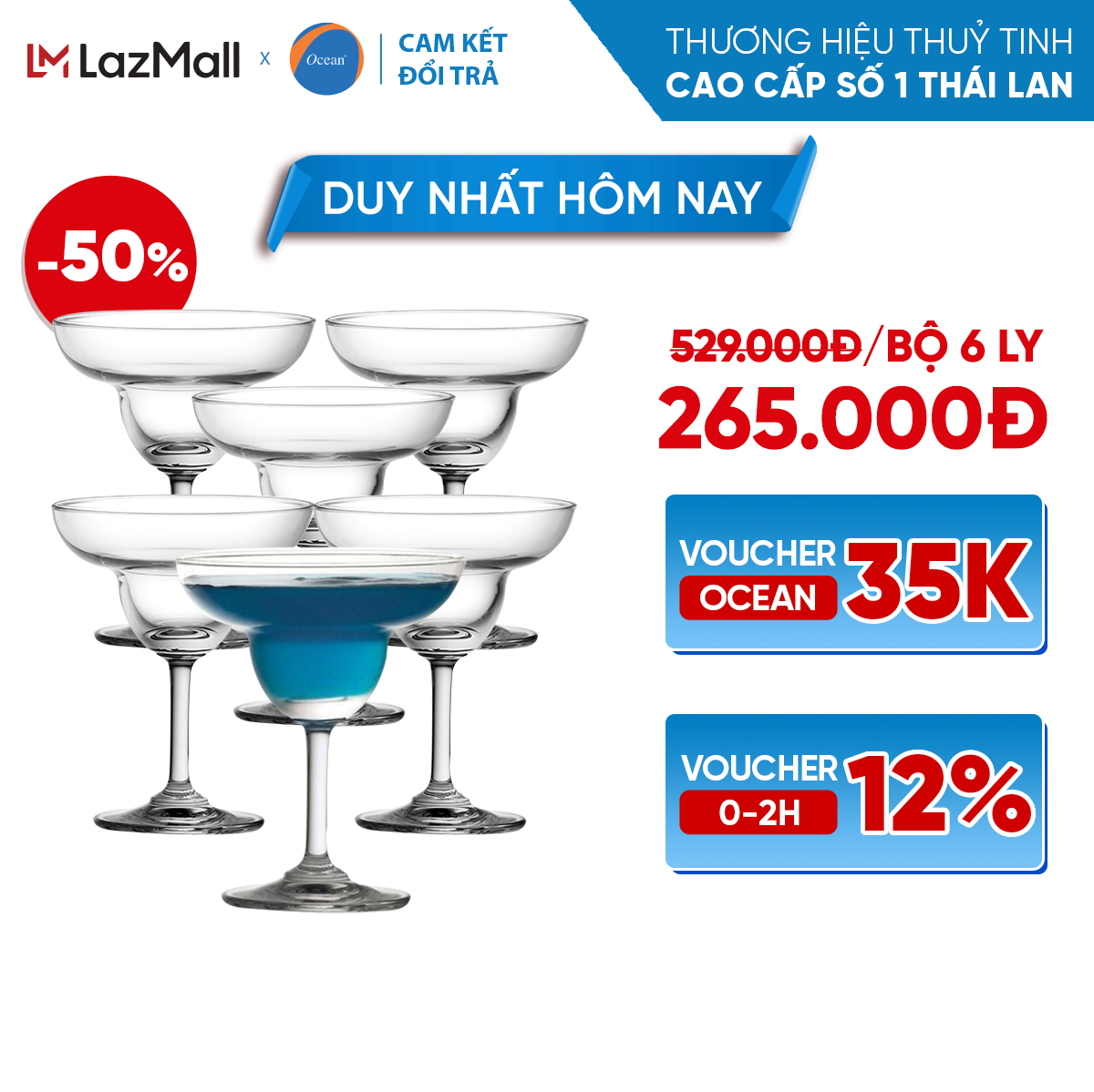 [Cam Kết Đổi Trả Nếu Vỡ] Bộ 6 Ly/Cốc Rượu Thủy Tinh - Ocean Classic Magarita 200ml - Chính Hãng
