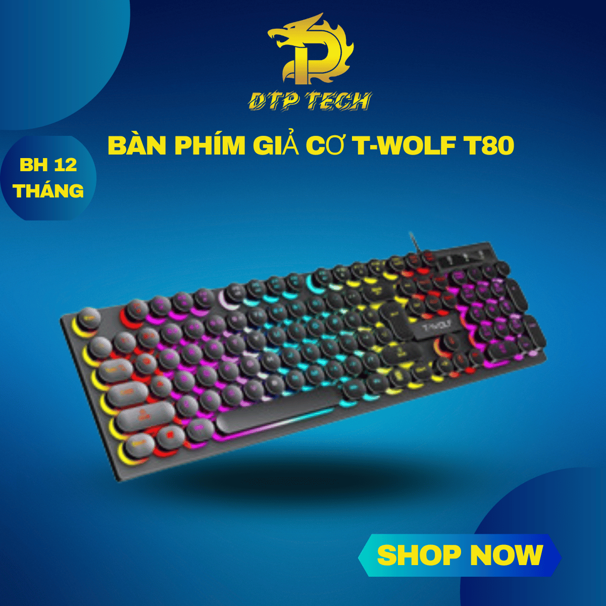 Bàn phím giả cơ t-wolf t80 phím tròn usb led