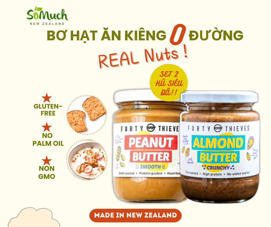 Set 2 Bơ Hạt Ăn kiêng 0 ĐƯỜNG New Zealand (Hạnh nhân và Đậu phông), Hũ 235gr