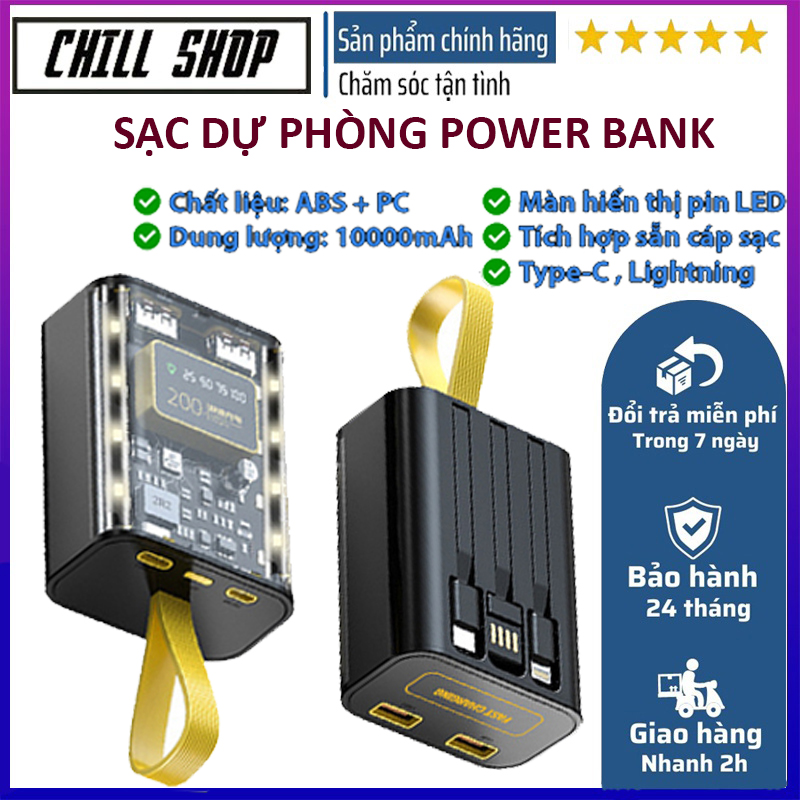 Pin sạc dự phòng chính hãng power bank 10000mah, sạc dự phòng tích hợp đèn led 4 chế độ, cáp sạc dự phòng thông minh type-c lightningg, cục sạc dự phòng trong suốt