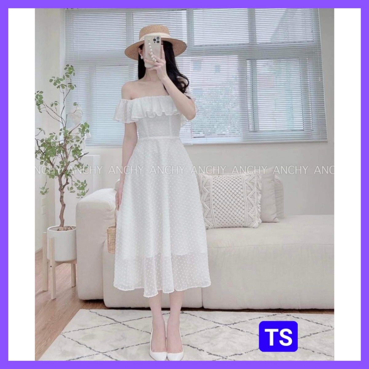 Đầm thiết kế,đầm chấm bi nữ maxi dáng xòe phối bèo ngực trễ vai.