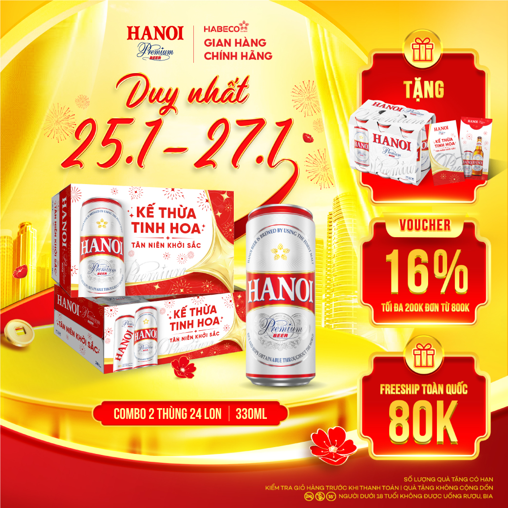Combo 2 Thùng 24 lon Bia Hanoi Premium – HABECO (330ml/lon) - Phiên bản Tết 2026
