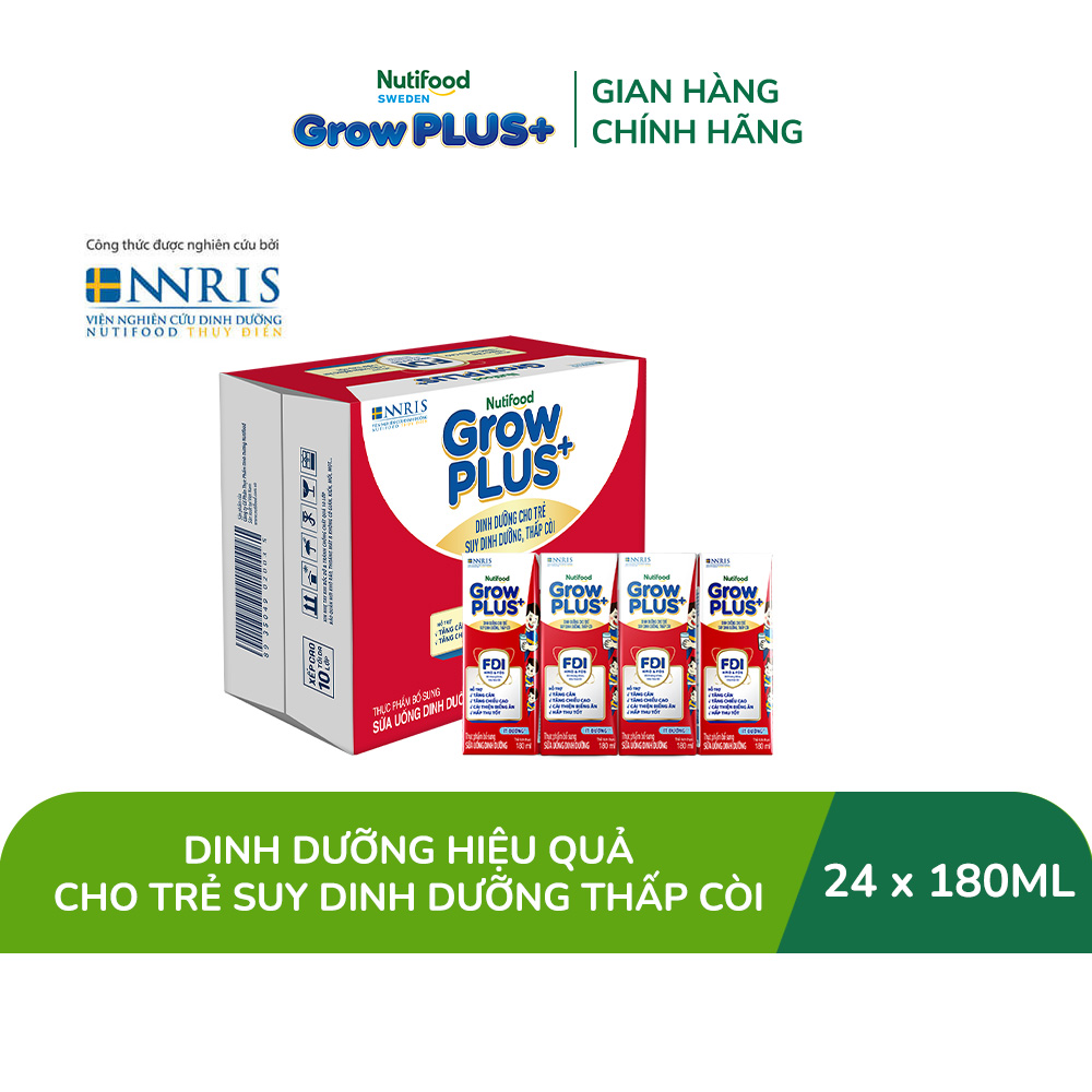 Thùng 24 hộp Sữa Nước Pha Sẵn Nutifood GrowPLUS+ Suy Dinh Dưỡng (Đỏ) - Hỗ trợ tăng cân, tăng chiều cao Ít đường 180ml - Trên 1 tuổi (Bao bì tùy đợt nhập hàng)
