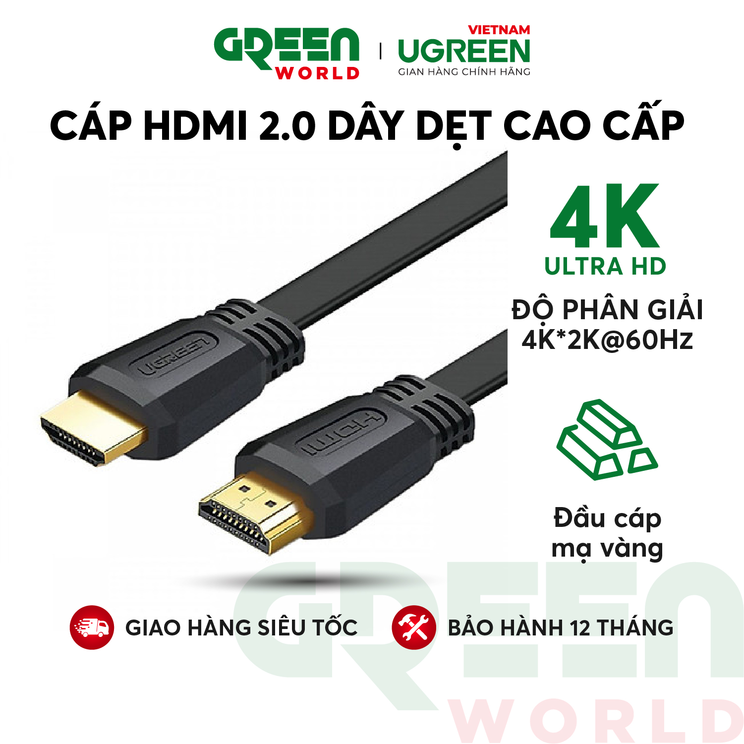 Cáp hdmi 2.0 cao cấp, hỗ trợ 4kx2k, 3d full hd1080 dạng dây dẹt, dài 1.5-5m ugreen ed015
