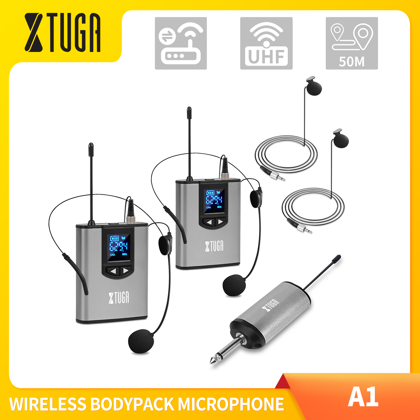 XTUGA Micro Không Dây UHF A1 Với Bộ Phát Bodypack Mini Cầm Tay Hoàn Toàn Bằng Kim Loại Tai Nghe Khớp & Micrô Ve Áo Và Bộ Thu Sạc Tích Hợp Đầu Ra 1/4 "Cho Giáo Viên, Bài Phát Biểu, Phỏng Vấn, Ghi Âm Vlog