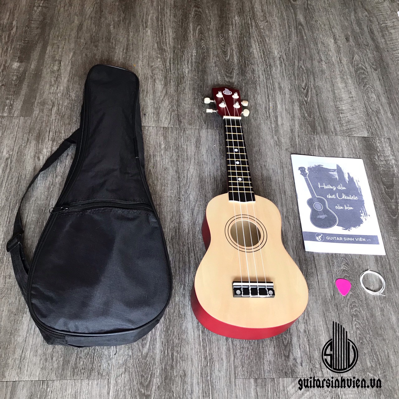 Đàn ukulele màu gỗ lưng đỏ - tặng 4 phụ kiện: bao dù, sách học, phím gảy, dây 1 dự phòng - bảo hành 6 tháng