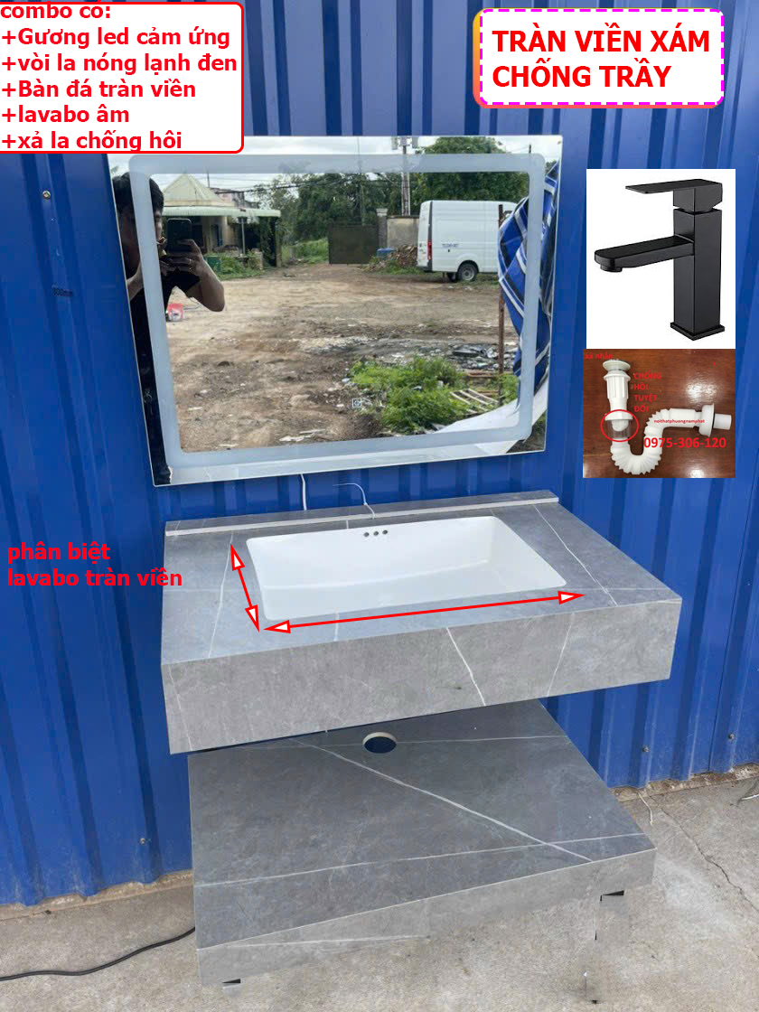BÀN ĐÁ TRÀN VIỀN Combo chậu lavabo rửa mặt kèm bàn đá âm 2 tầng chống trầy chống thấm và gương led cảm ứng, có vòi lavabo nóng lạnh có xả lavabo