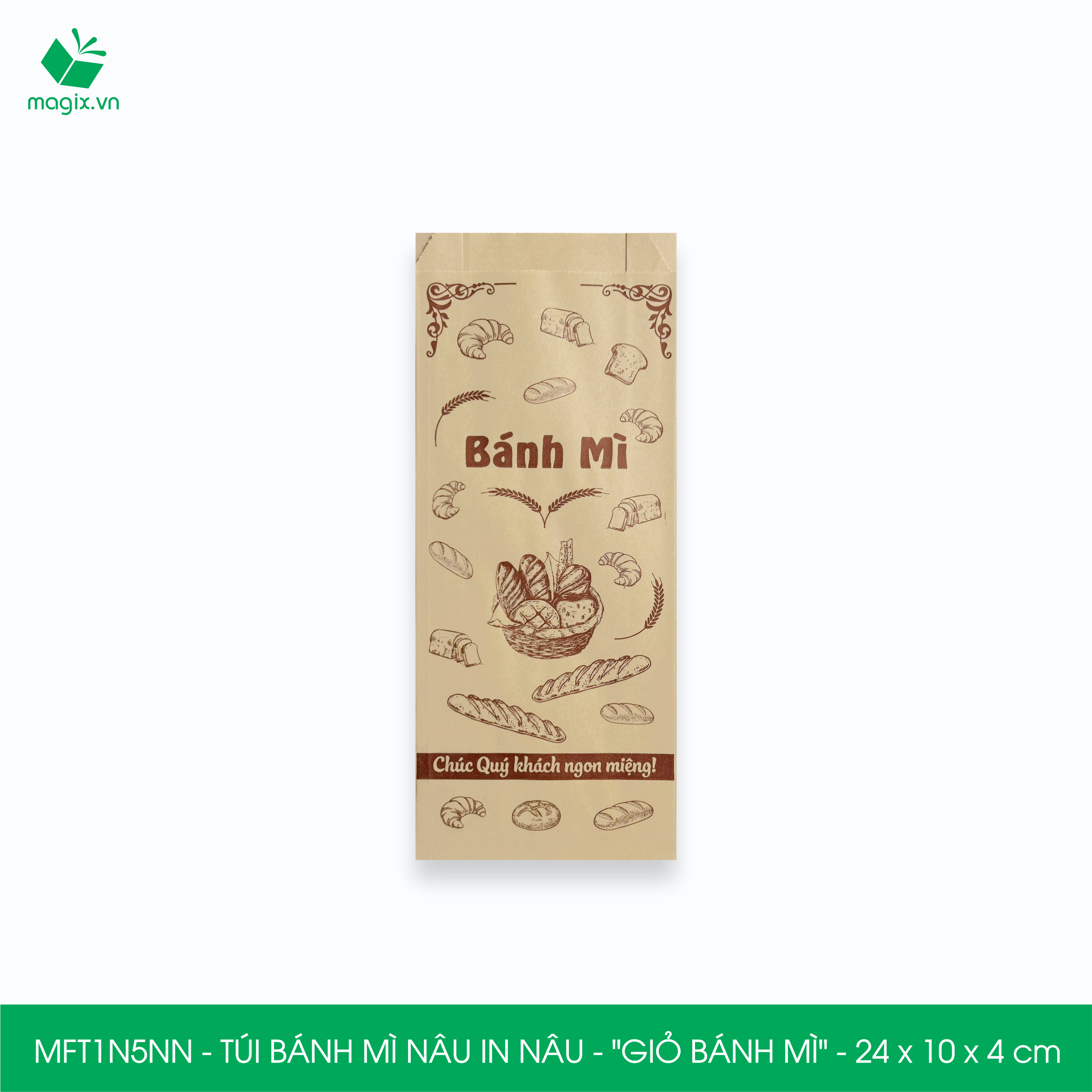 MFT1N5NN - 24x10x4 cm - 500 Túi bánh mì Nâu, in sẵn họa tiết GIỎ BÁNH MÌ