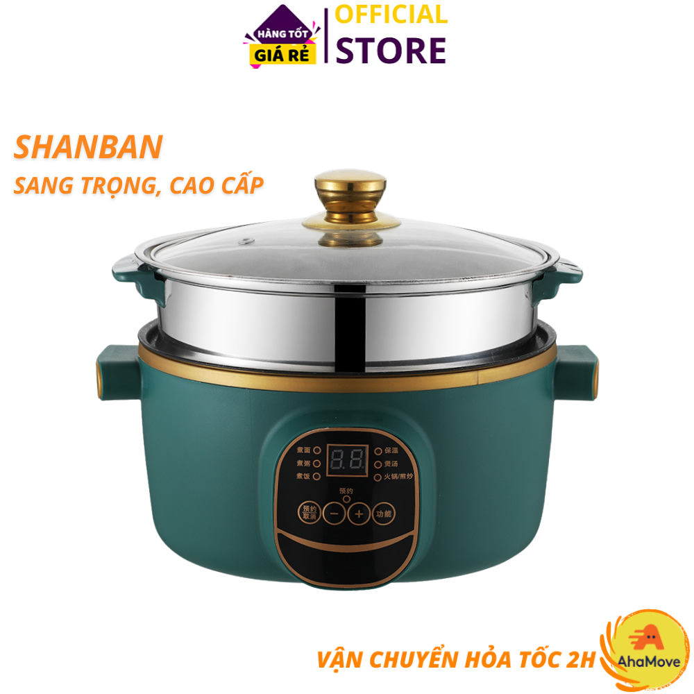 Nồi Lẩu Điện Shanban 24cm, Nồi Lẩu Đa Năng Chống Dính Vân Đá ELECTRIC COOKER POT Kèm Hấp INOX Cao Cấp