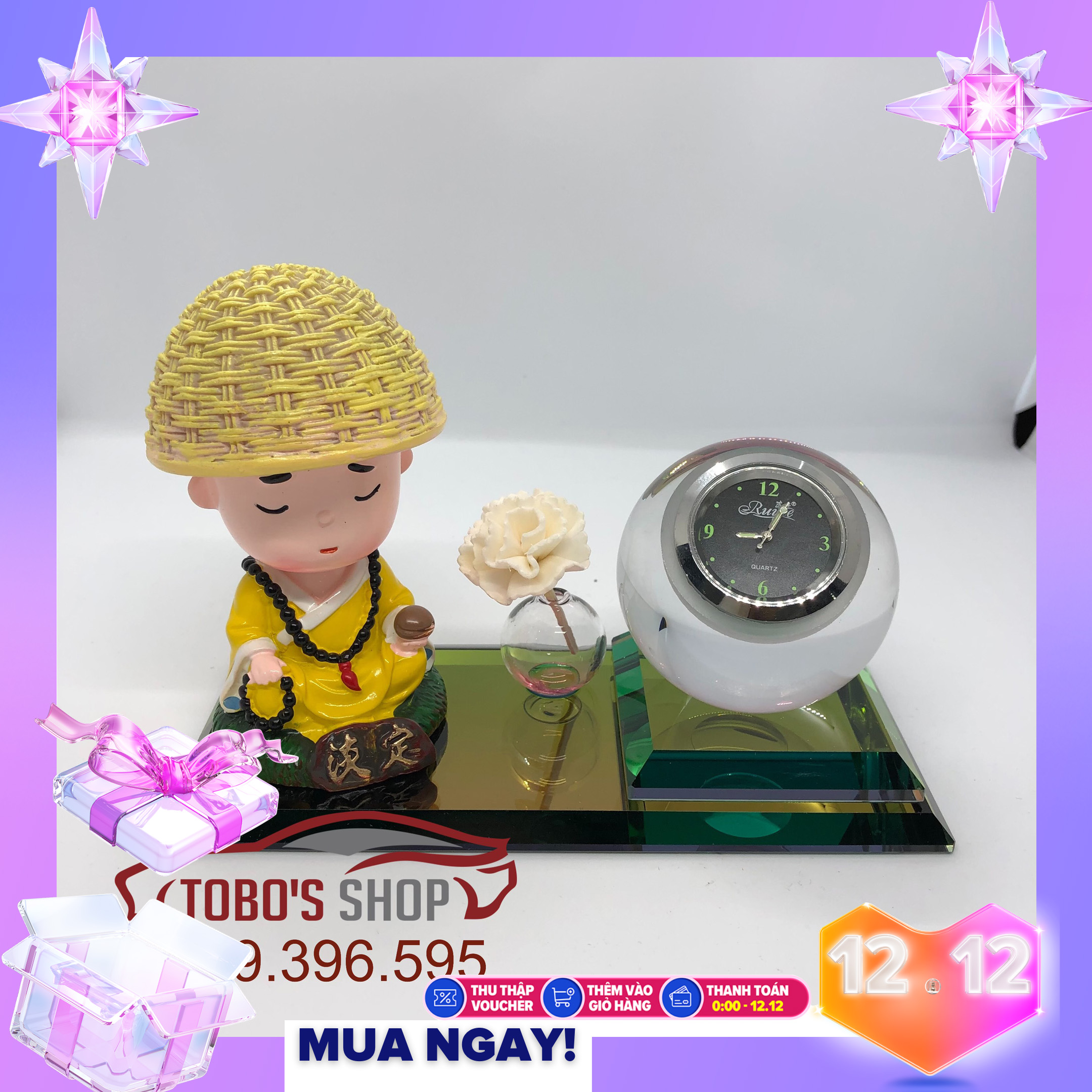 Tượng phật nước hoa trang trí taplo xe hơi xe oto, kèm đồng hồ pha lê cao cấp