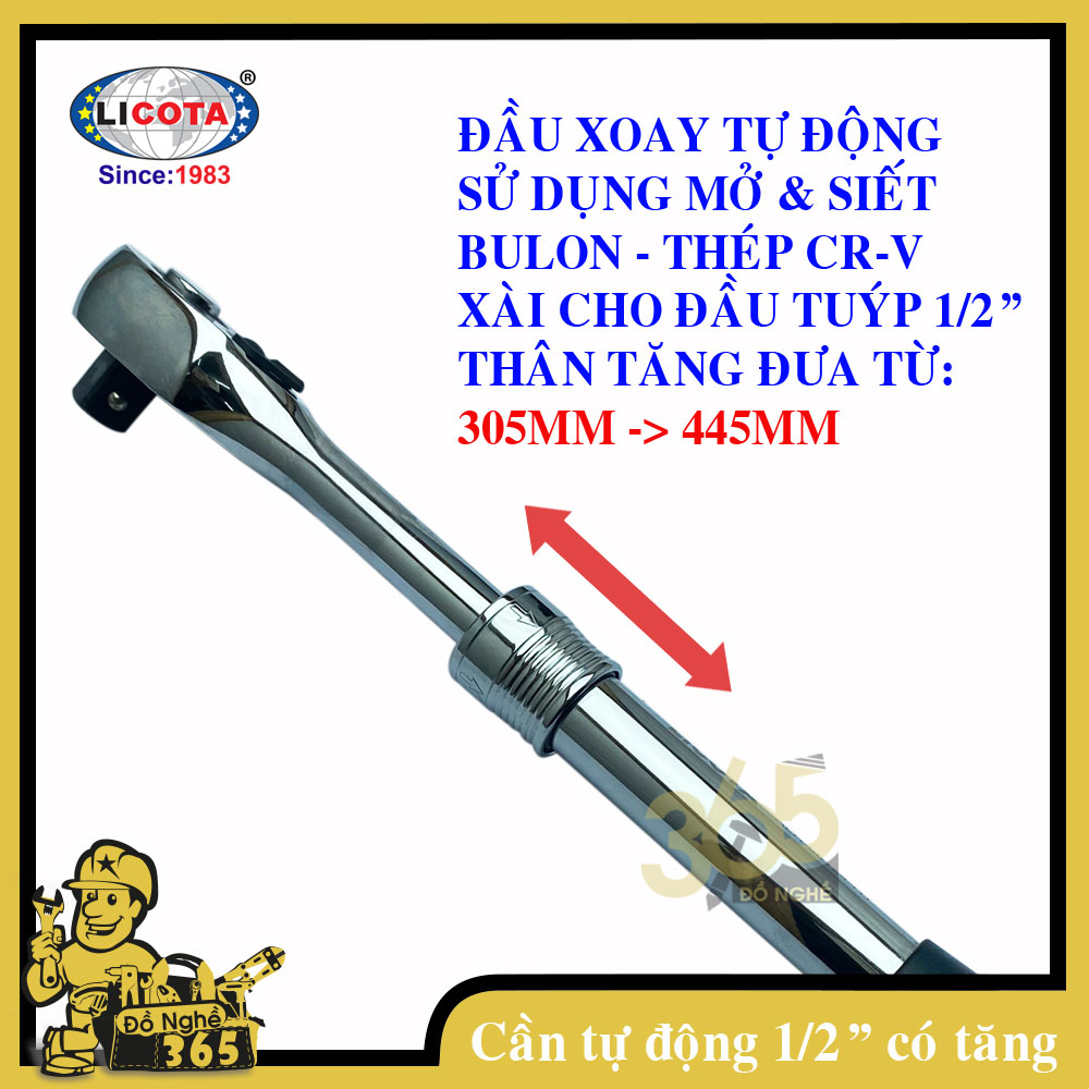 Cần siết Tự động 1/2" 72 răng cao cấp Licota cán có tăng - , cần làm từ thép CR-V siêu cứng chuyên dùng siết, mở tán bulong, sử dụng cho sửa chữa lắp ráp xe các loại và trong các ngành cơ khí