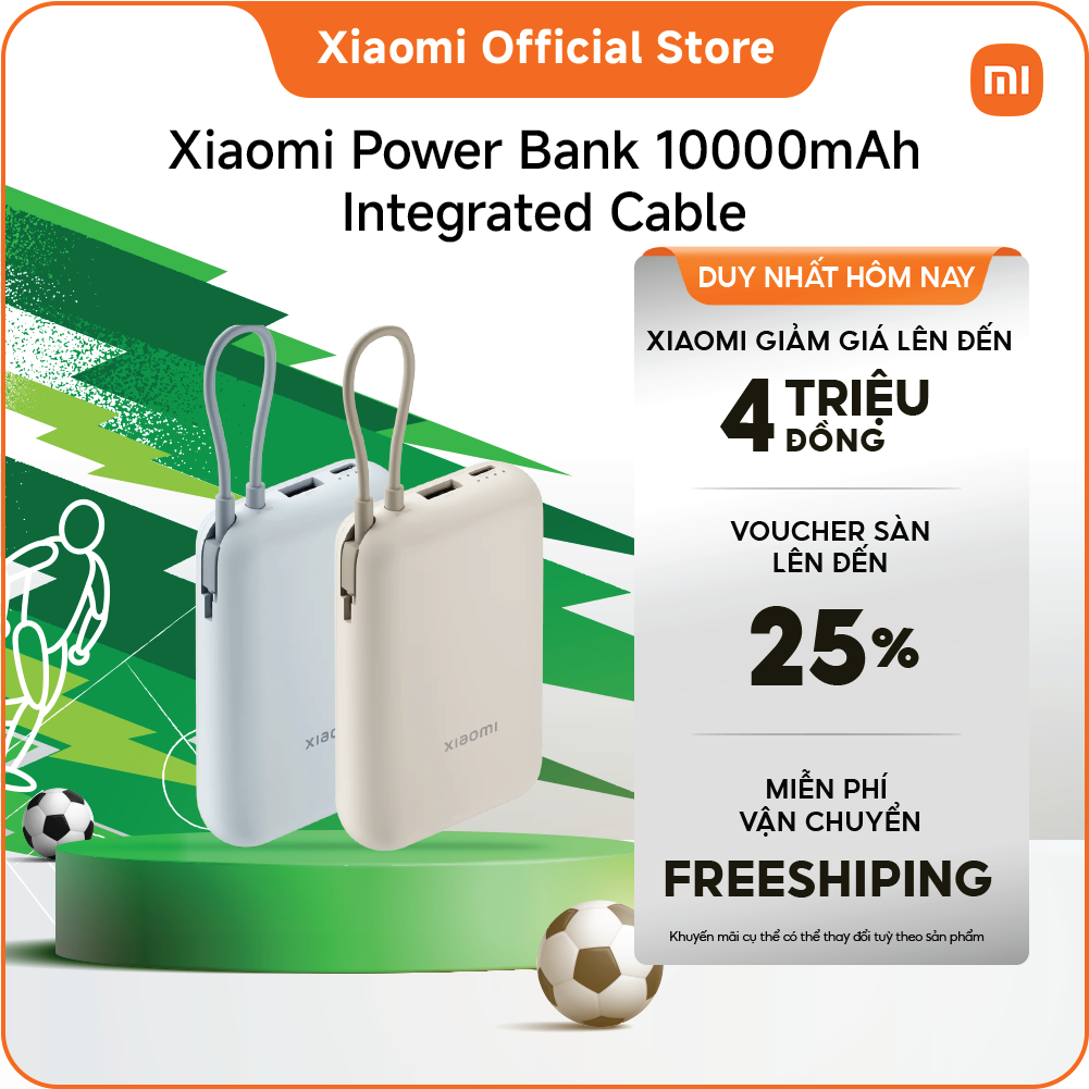 Xiaomi Power Bank 10000mAh (Integrated Cable) Kích thước nhỏ có thể bỏ túi để bạn có thể mang theo